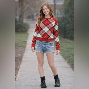Charter Club Red Plaid Argyle Funky Prep Preppy Academia Crewneck Sweater PP